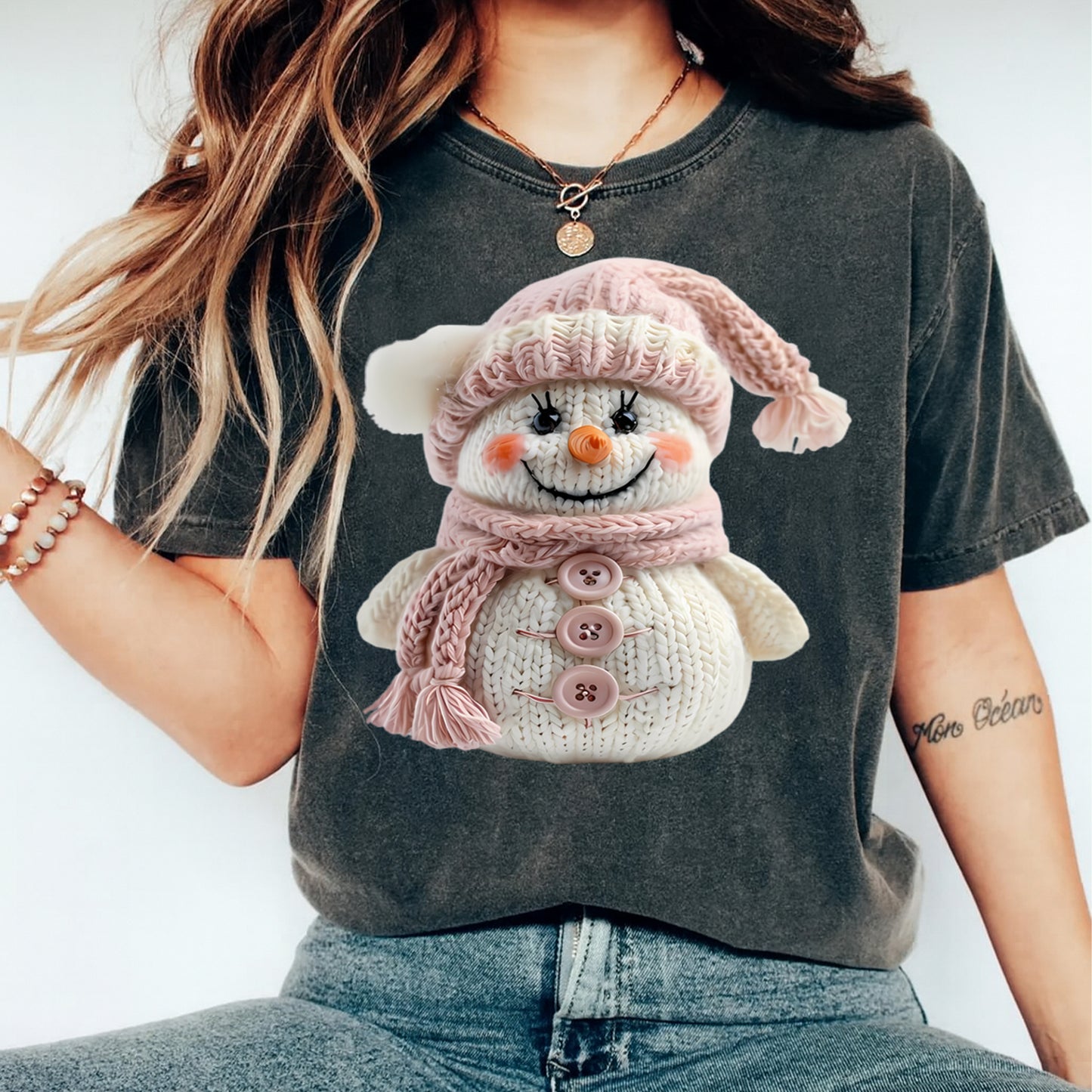 Christmas Pink Snowman Yarn Art DTF Transfer – Ready to Press Iron On Heat Transfer for DIY Christmas Shirts 12235