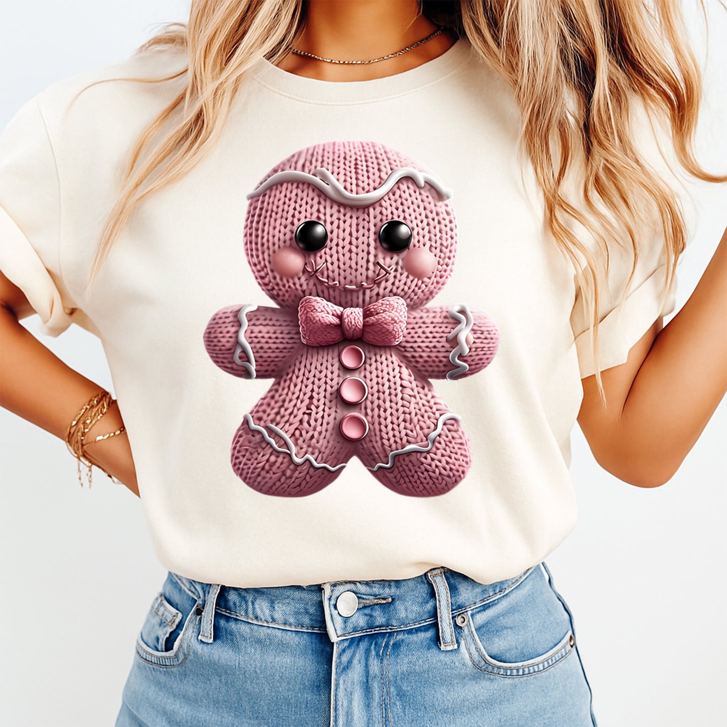 Christmas Pink Gingerbread Yarn Art DTF Transfer – Ready to Press Iron On Heat Transfer for DIY Christmas Shirts 12237