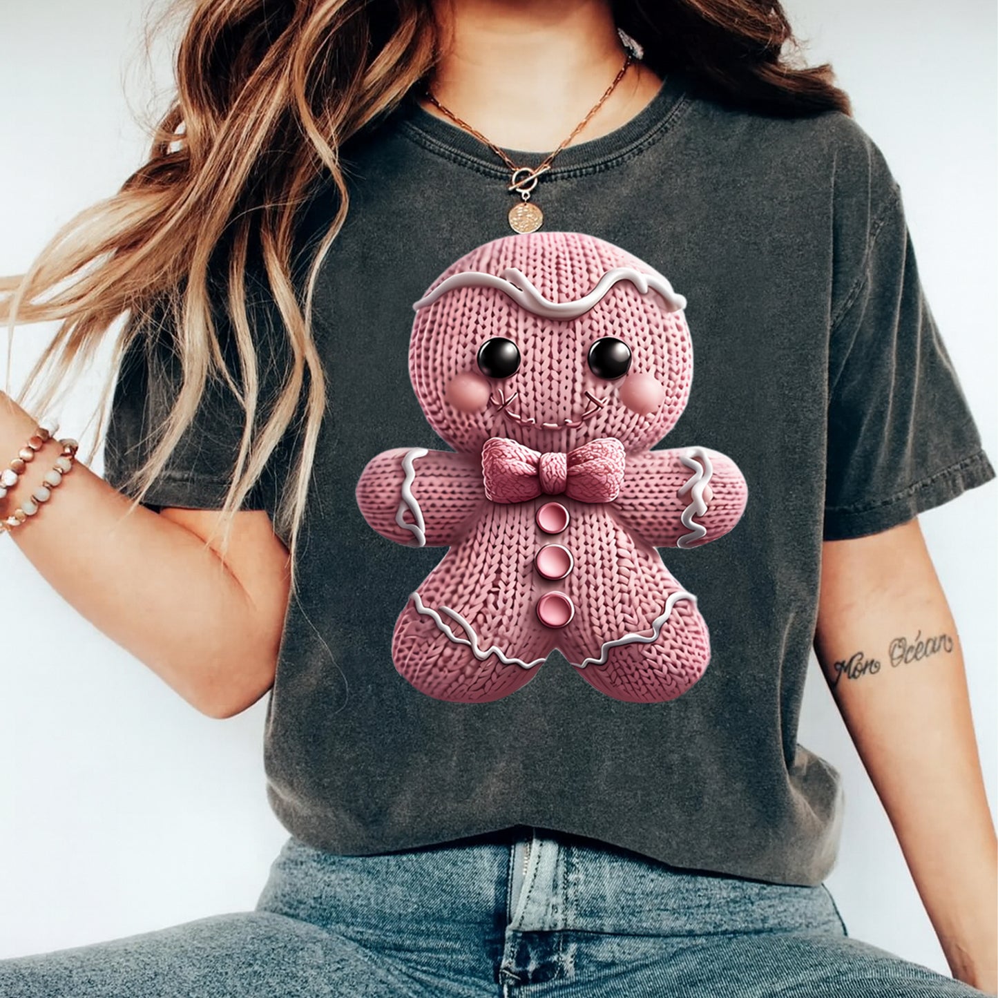 Christmas Pink Gingerbread Yarn Art DTF Transfer – Ready to Press Iron On Heat Transfer for DIY Christmas Shirts 12237