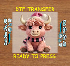 Christmas Pink Highland Cow Yarn Art DTF Transfer – Ready to Press Iron On Heat Transfer for DIY Christmas Shirts 12238