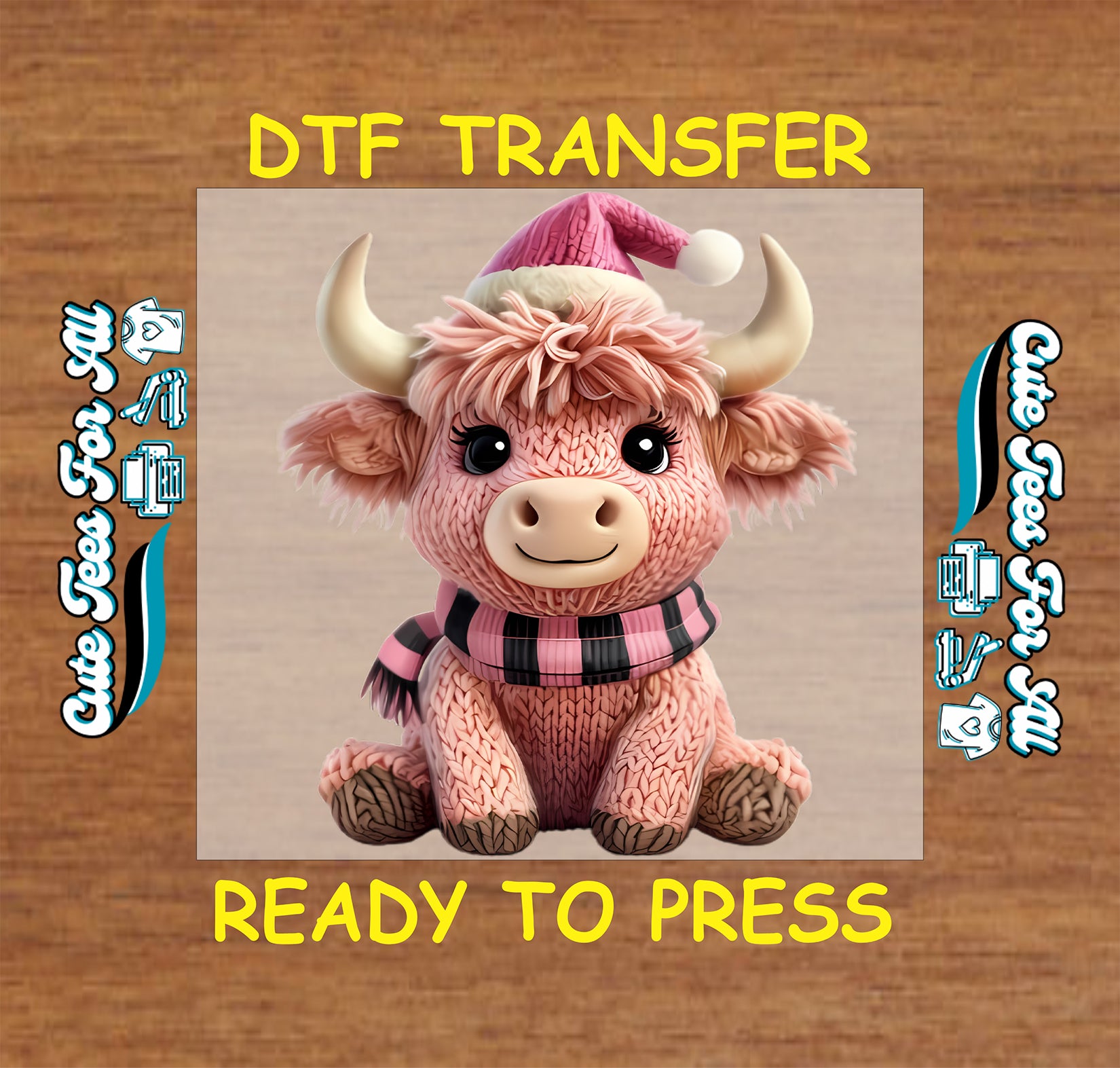 pink highland cow christmas yarn style dtf transfer ready to press for diy christmas shirts