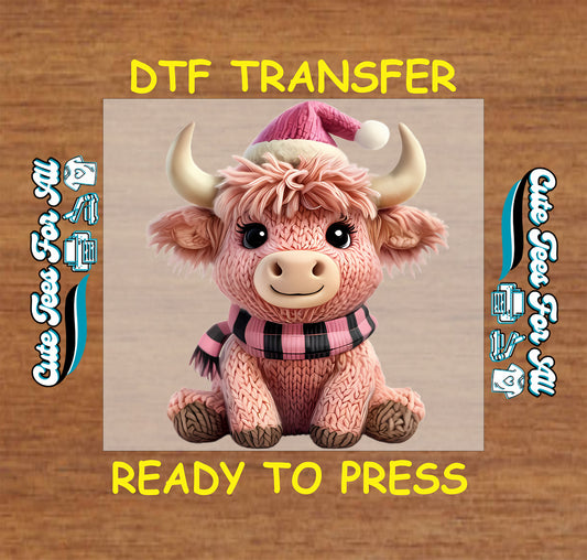 pink highland cow christmas yarn style dtf transfer ready to press for diy christmas shirts