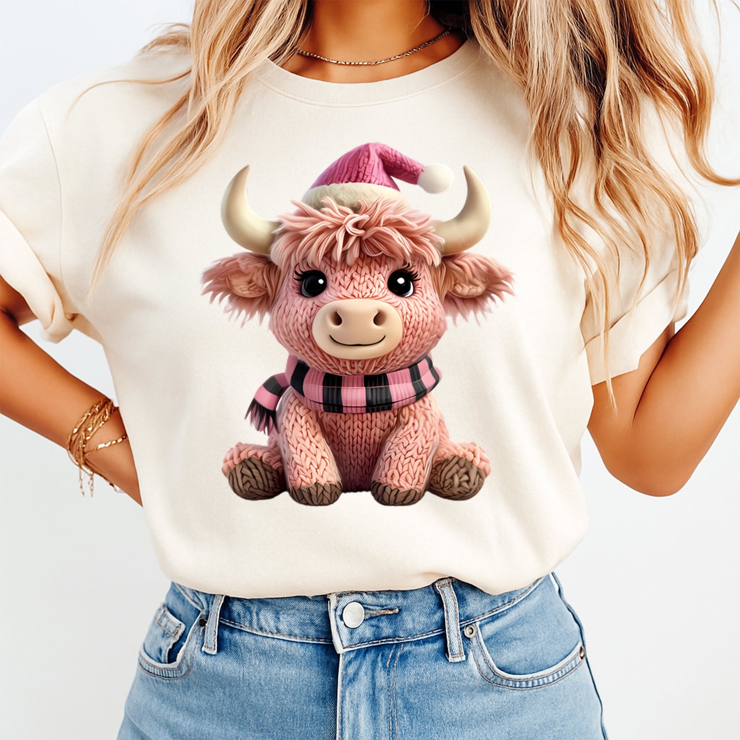 Christmas Pink Highland Cow Yarn Art DTF Transfer – Ready to Press Iron On Heat Transfer for DIY Christmas Shirts 12238