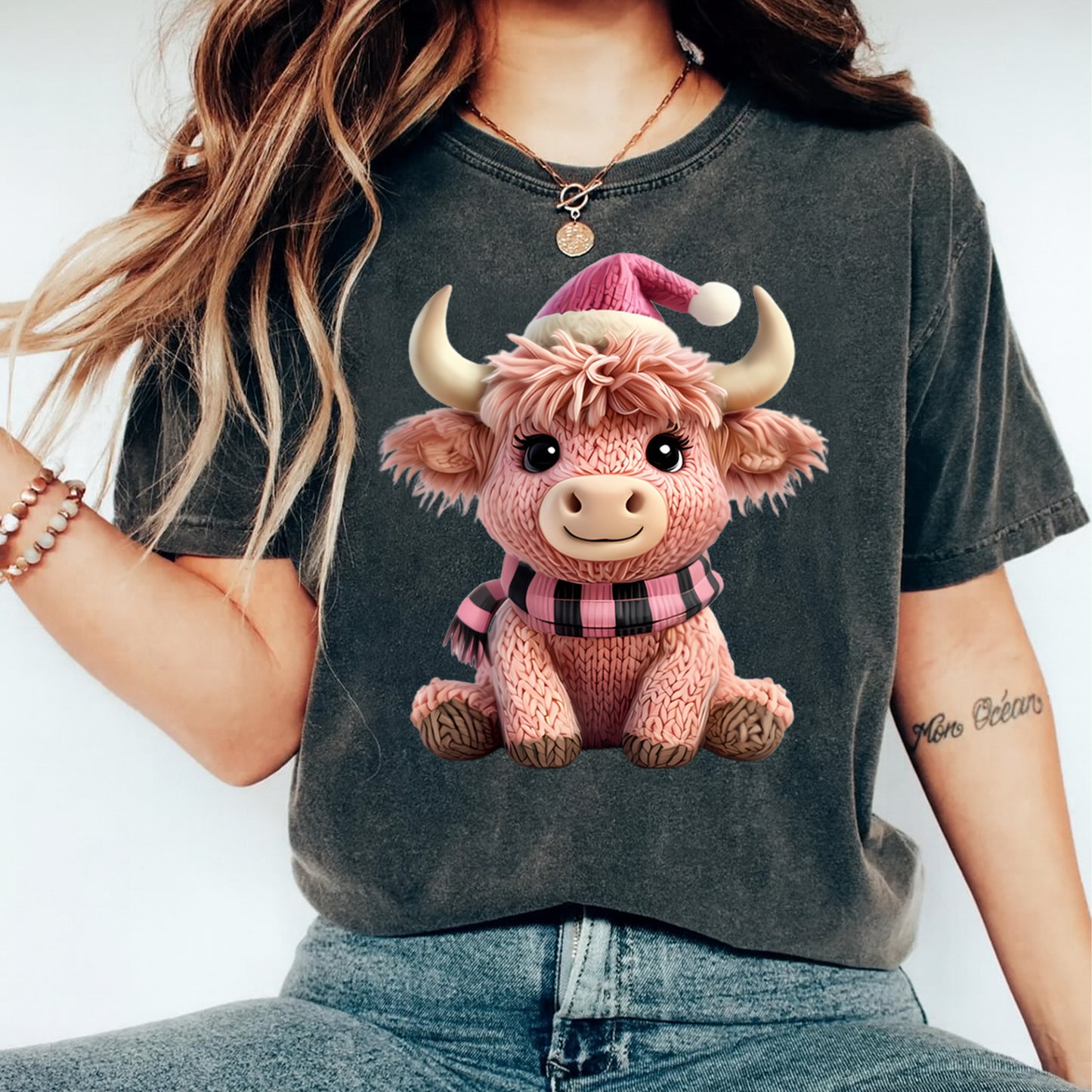 Christmas Pink Highland Cow Yarn Art DTF Transfer – Ready to Press Iron On Heat Transfer for DIY Christmas Shirts 12238