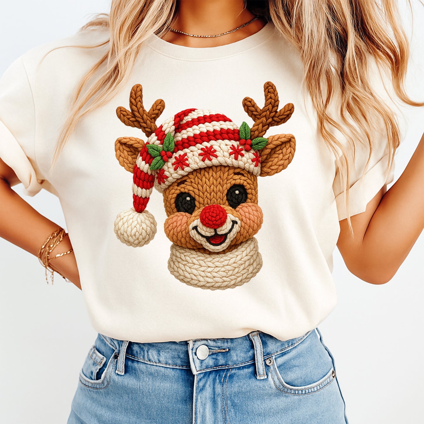 Christmas Reindeer Yarn Art DTF Transfer – Ready to Press Iron On Heat Transfer for DIY Christmas Shirts 12239