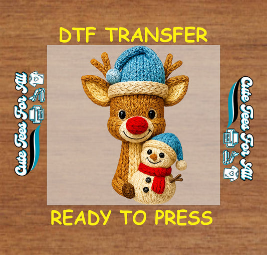 christmas reindeer and snowman yarn style dtf transfer ready to press for diy christmas shirts