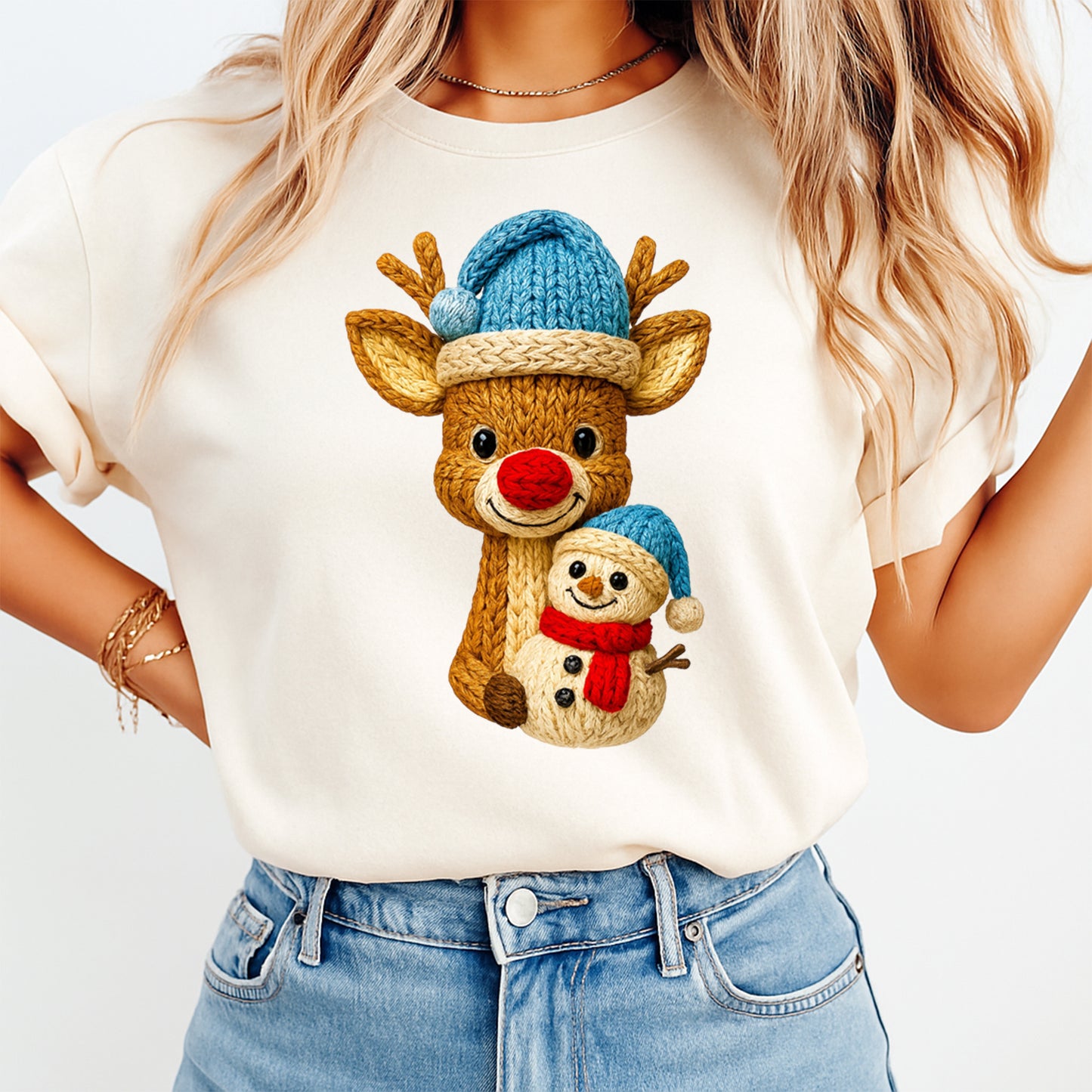 Christmas Reindeer and Snowman Yarn DTF Transfer – Ready to Press Iron On Heat Transfer for DIY Christmas Shirts 12240