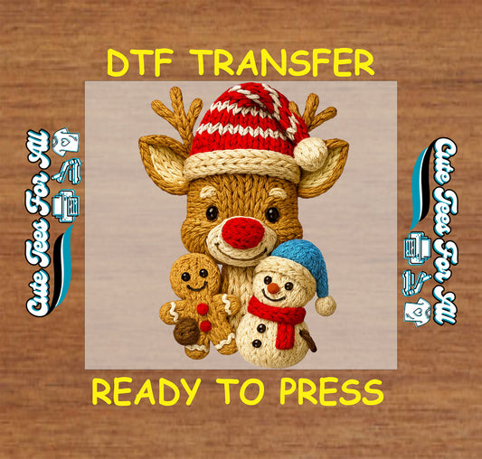 christmas reindeer gingerbread and snowman yarn style dtf transfer ready to press for diy christmas shirts