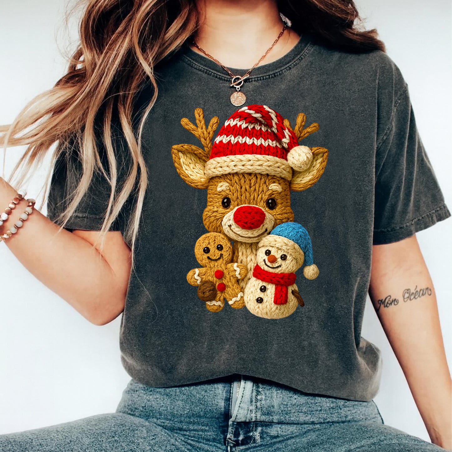 Christmas Reindeer Gingerbread Snowman Yarn DTF Transfer – Ready to Press Iron On Heat Transfer for DIY Christmas Shirts 12241