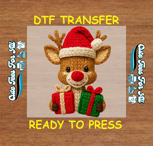 christmas reindeer holding gifts yarn style dtf transfer ready to press for diy christmas shirts