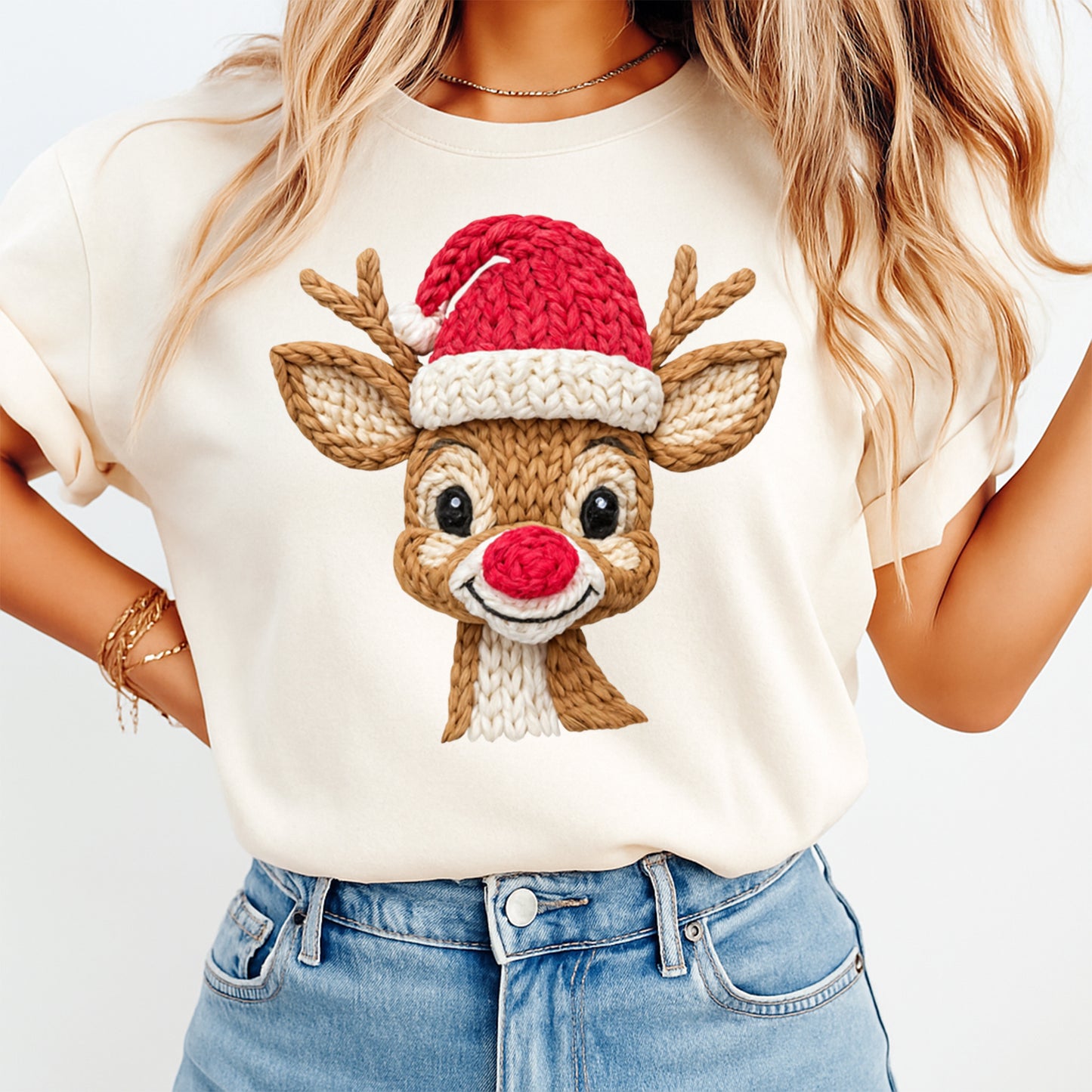 Christmas Reindeer Yarn DTF Transfer – Ready to Press Iron On Heat Transfer for DIY Christmas Shirts 12243