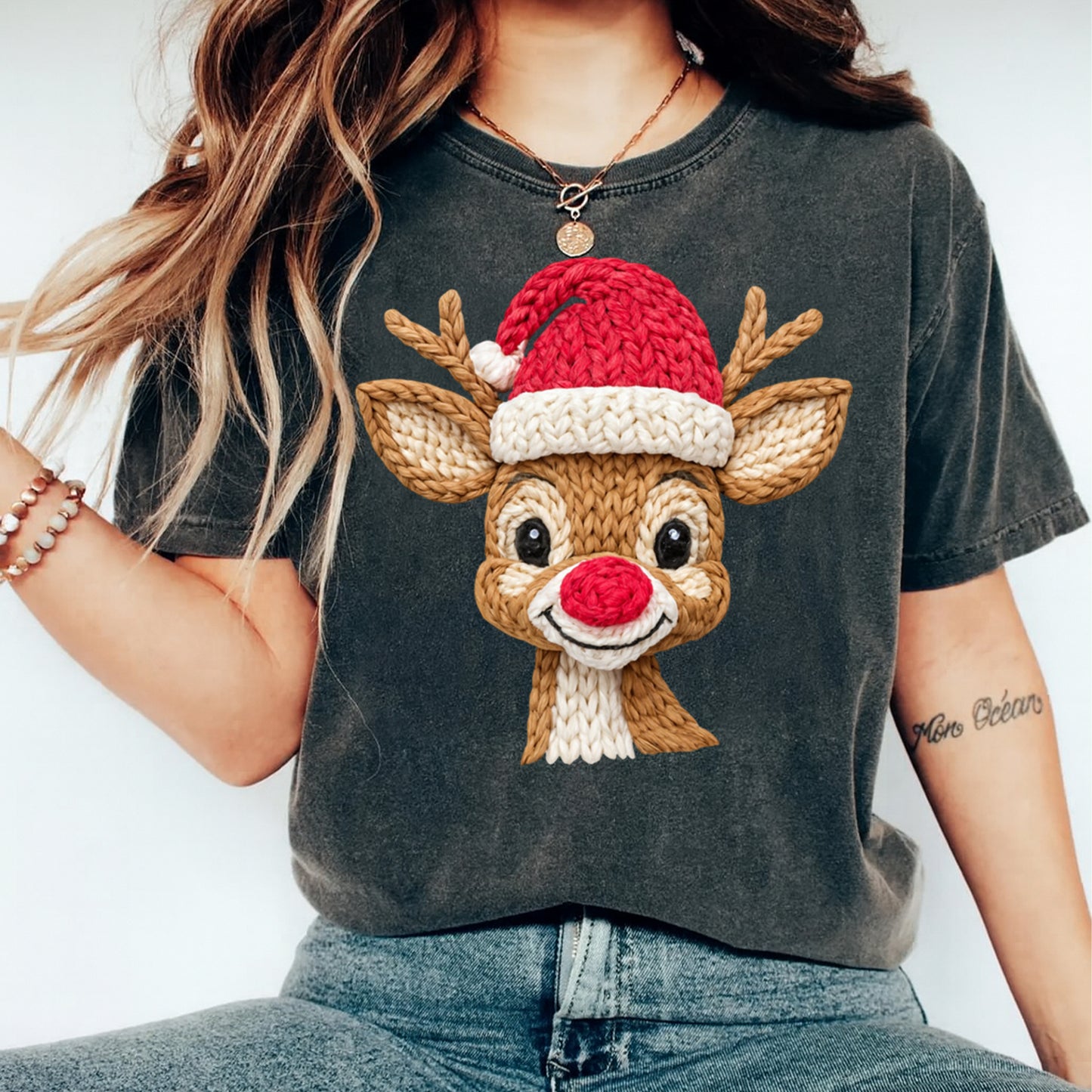 Christmas Reindeer Yarn DTF Transfer – Ready to Press Iron On Heat Transfer for DIY Christmas Shirts 12243