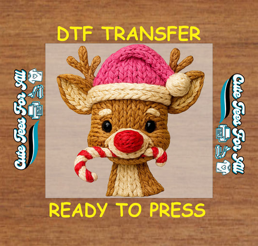 Christmas reindeer yarn art ready to press dtf transfer with candy cane and knit hat for diy christmas shirts