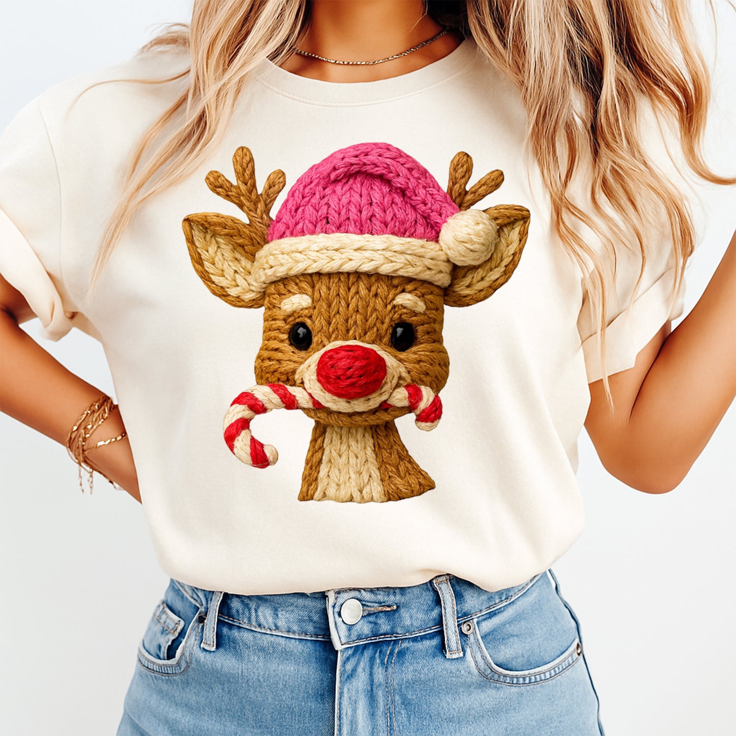 Christmas Reindeer Yarn Art DTF Transfer – Ready to Press Iron On Heat Transfer for DIY Christmas Shirts 12244