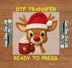 Christmas Reindeer Yarn Art with Holiday Mug DTF Transfer – Ready to Press Iron On Heat Transfer for DIY Christmas Shirts 12245