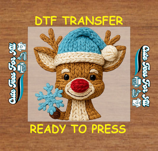 christmas reindeer yarn art holding snowflake ready to press dtf transfer for diy christmas shirts