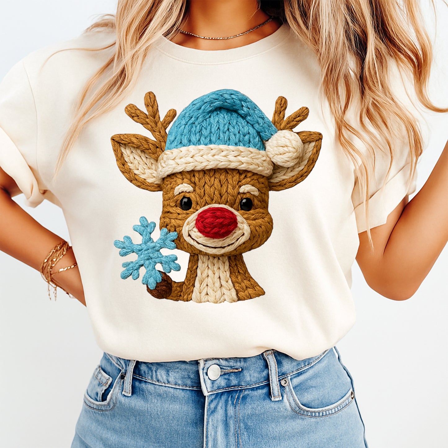 Christmas Reindeer Yarn Art with Snowflake DTF Transfer – Ready to Press Iron On Heat Transfer for DIY Christmas Shirts 12246