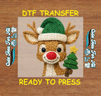 Christmas Reindeer Yarn Art with Tree DTF Transfer – Ready to Press Iron On Heat Transfer for DIY Christmas Shirts 12247