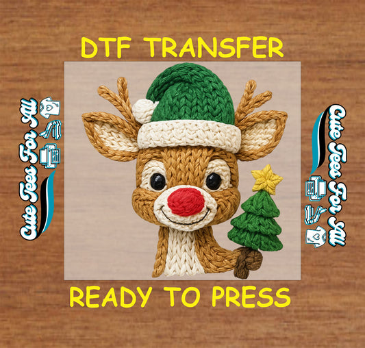 christmas reindeer yarn art holding christmas tree ready to press dtf transfer for diy christmas shirts