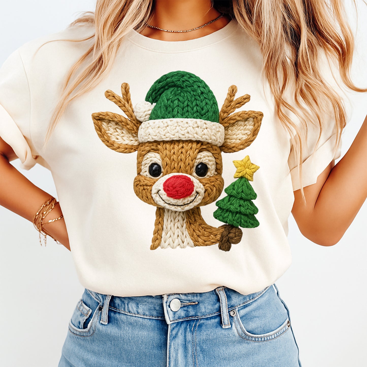 Christmas Reindeer Yarn Art with Tree DTF Transfer – Ready to Press Iron On Heat Transfer for DIY Christmas Shirts 12247