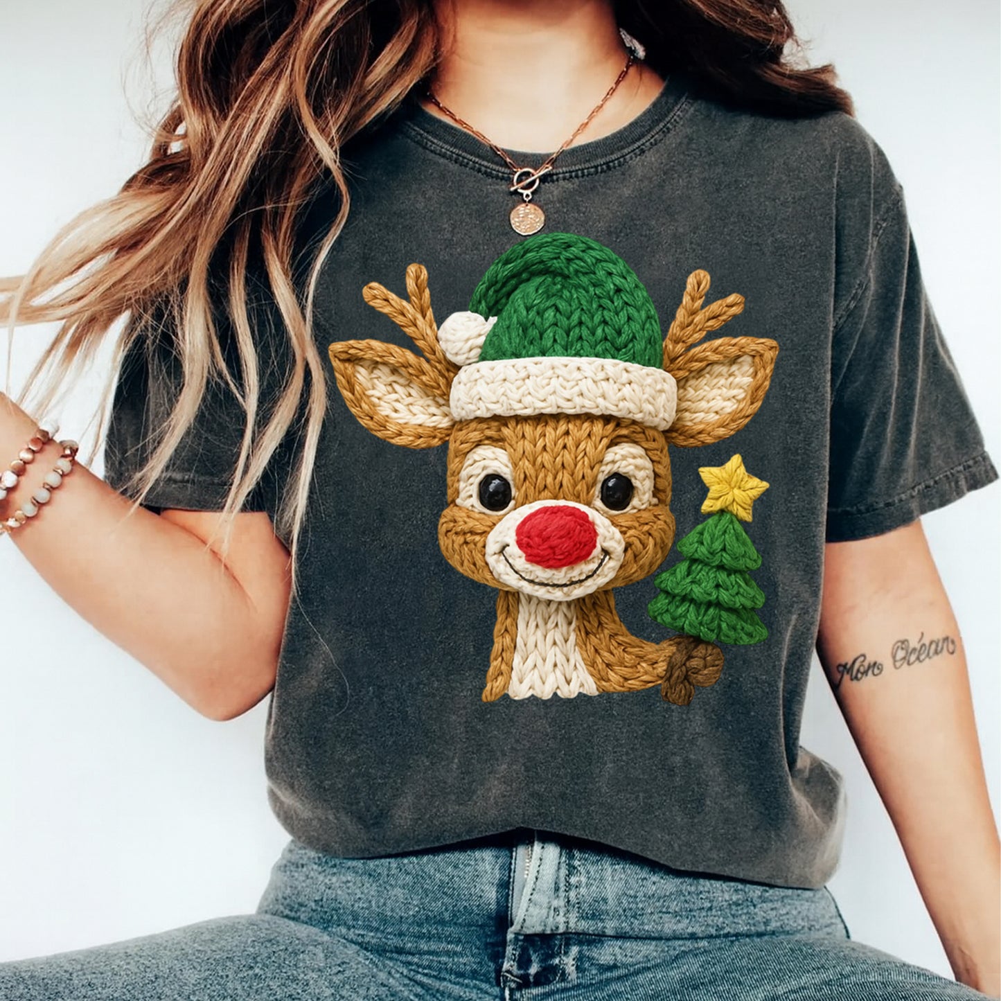 Christmas Reindeer Yarn Art with Tree DTF Transfer – Ready to Press Iron On Heat Transfer for DIY Christmas Shirts 12247