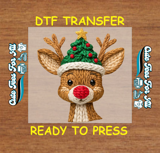 christmas reindeer yarn art with christmas tree knit hat ready to press dtf transfer for diy christmas shirts