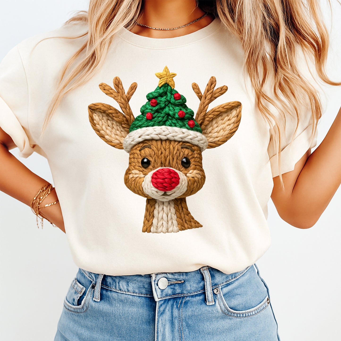 Christmas Reindeer Yarn Art Tree Hat DTF Transfer – Ready to Press Iron On Heat Transfer for DIY Christmas Shirts 12248