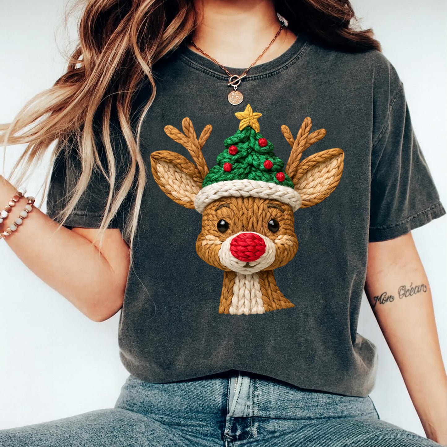Christmas Reindeer Yarn Art Tree Hat DTF Transfer – Ready to Press Iron On Heat Transfer for DIY Christmas Shirts 12248