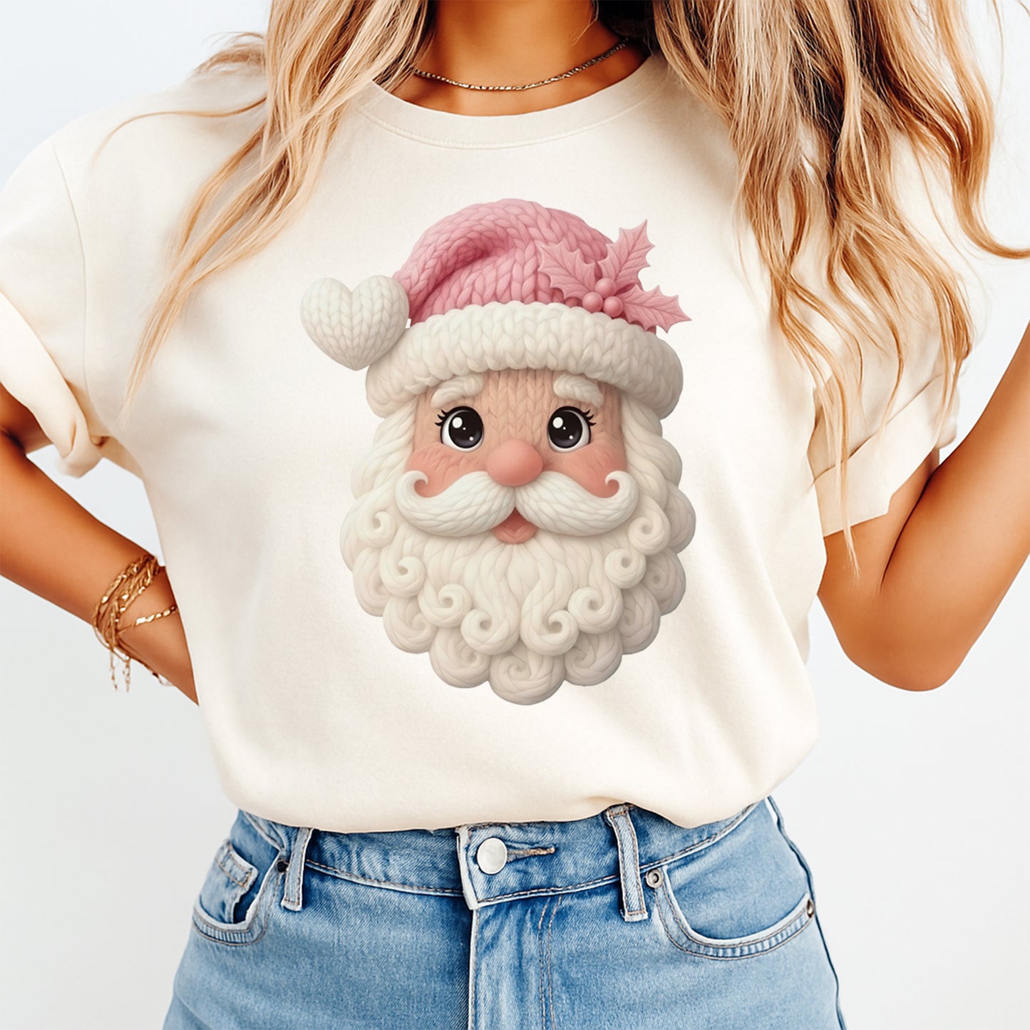 Christmas Pink Yarn Santa DTF Transfer – Ready to Press Iron On Heat Transfer for DIY Christmas Shirts 12250