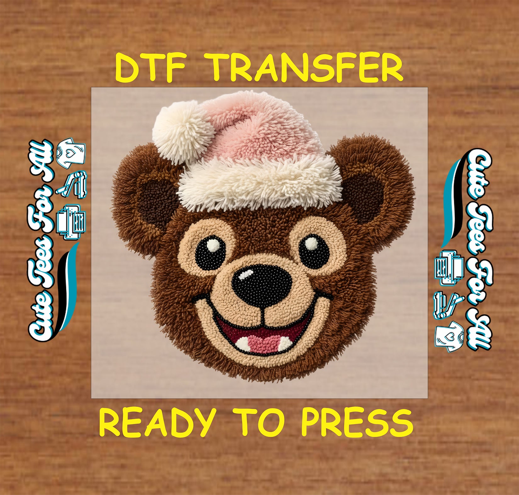 fuzzy yarn bear christmas ready to press dtf transfer with pink santa hat for diy christmas shirts

