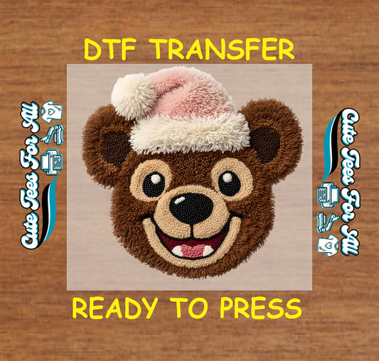 fuzzy yarn bear christmas ready to press dtf transfer with pink santa hat for diy christmas shirts
