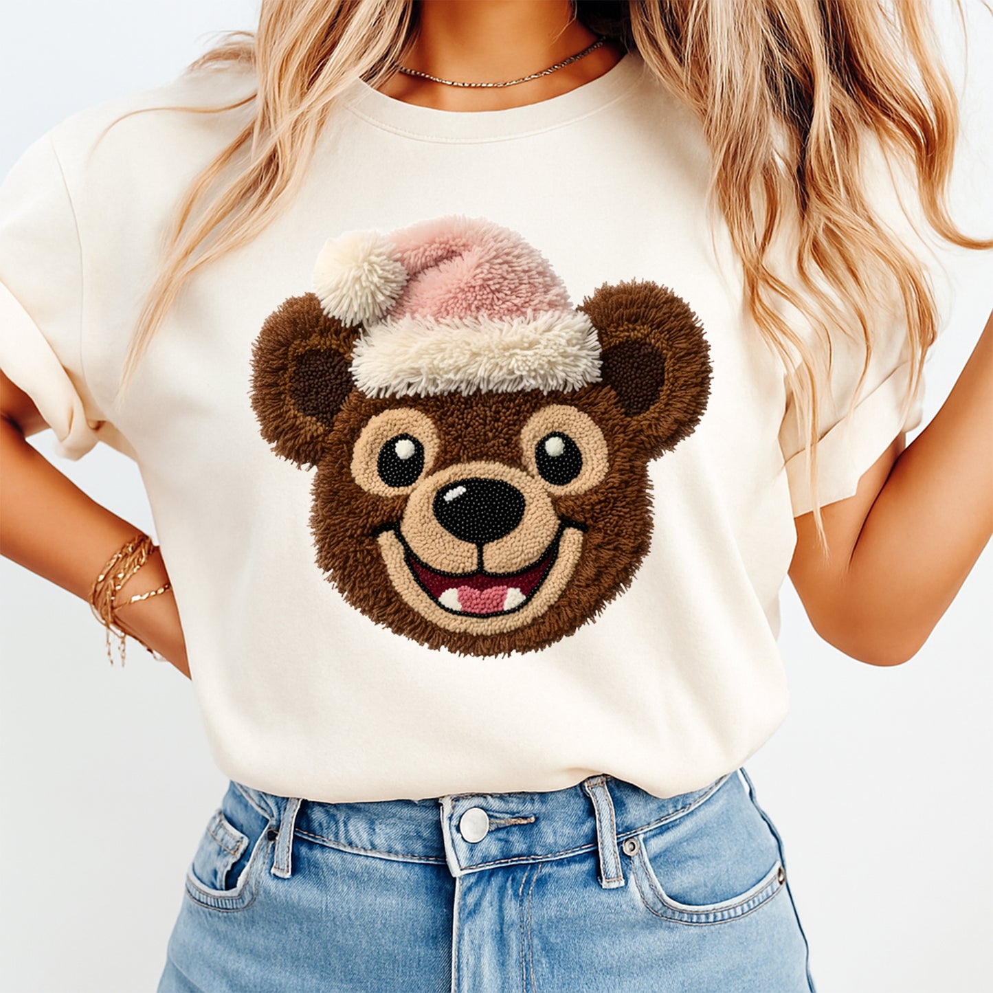 Christmas Fuzzy Yarn Bear DTF Transfer – Ready to Press Iron On Heat Transfer for DIY Christmas Shirts 12251