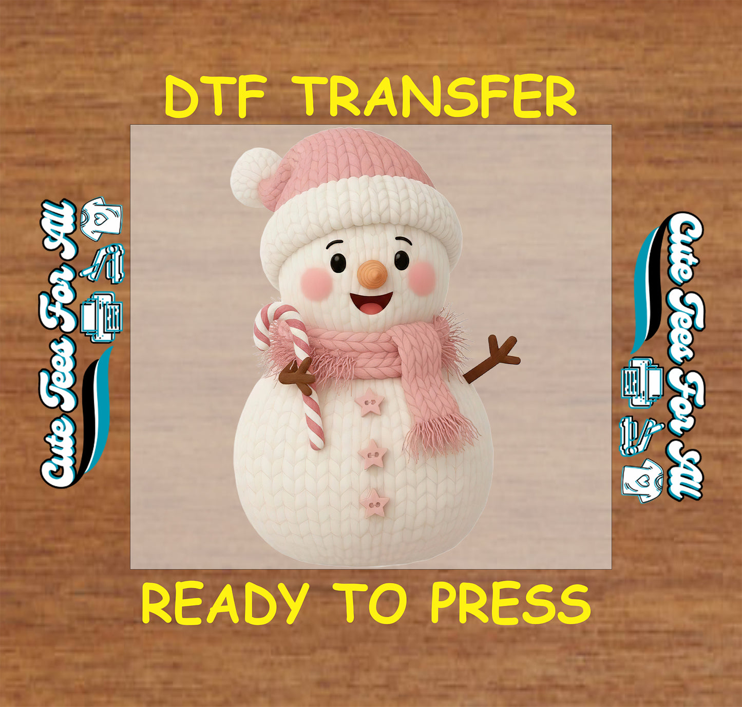 yarn snowman with pink scarf and candy cane ready to press dtf transfer for diy christmas shirts
