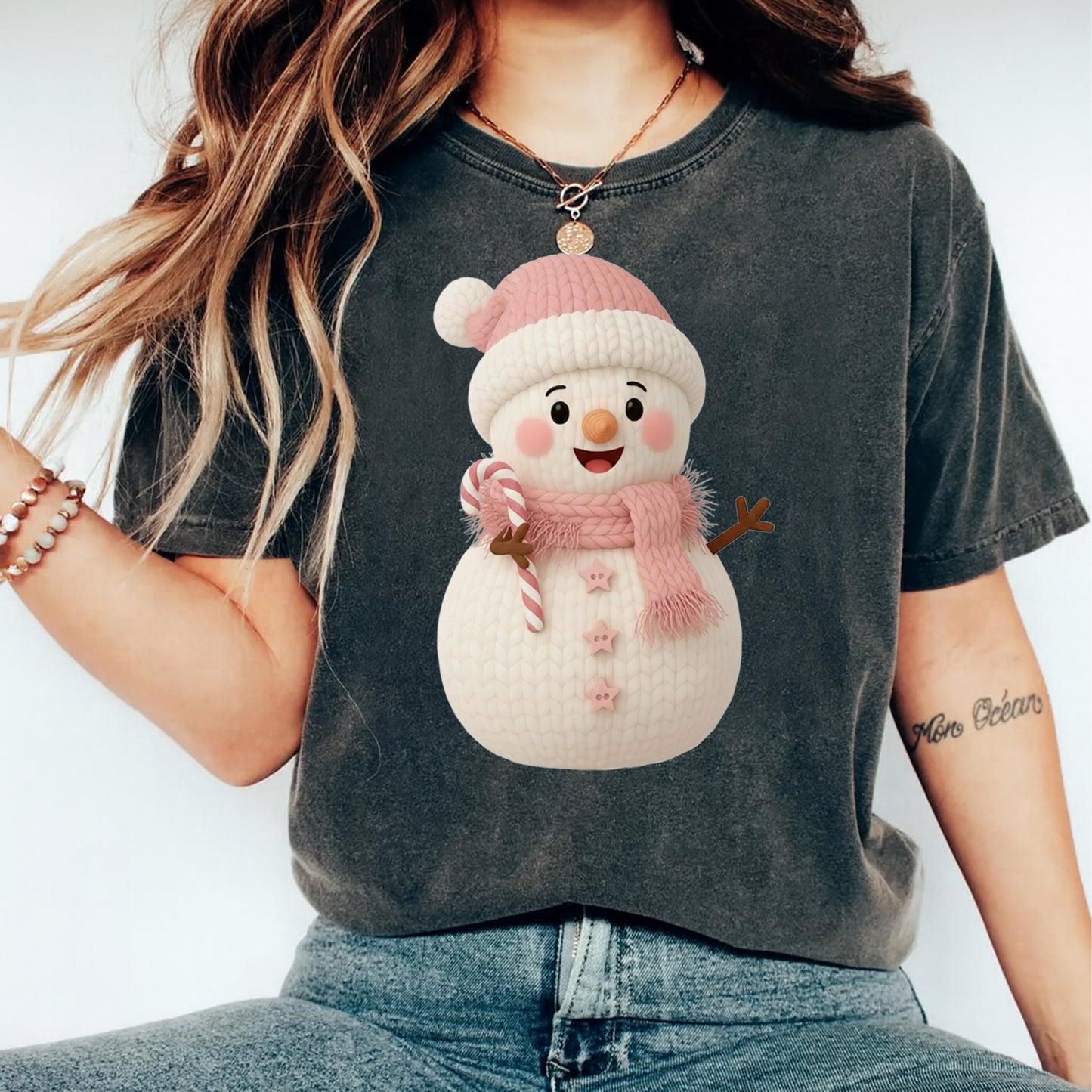 Christmas Yarn Snowman with Pink Scarf DTF Transfer – Ready to Press Iron On Heat Transfer for DIY Christmas Shirts 12252