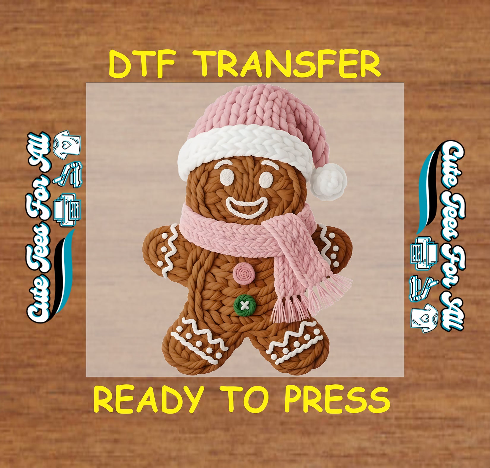 yarn gingerbread with pink scarf and santa hat ready to press dtf transfer for diy christmas shirts