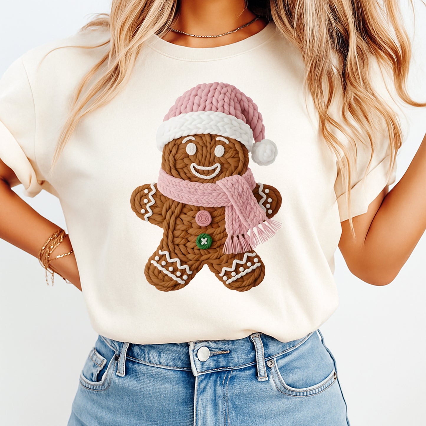 Christmas Yarn Gingerbread with Pink Scarf DTF Transfer – Ready to Press Iron On Heat Transfer for DIY Christmas Shirts 12254