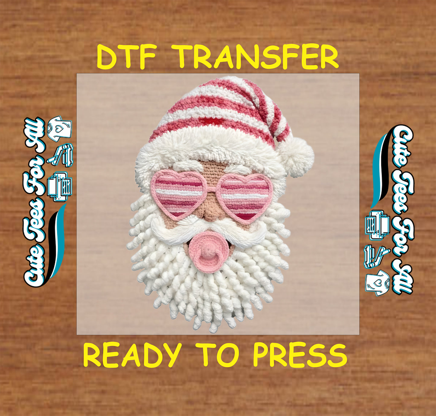 yarn santa with pink heart glasses ready to press dtf transfer for diy christmas shirts