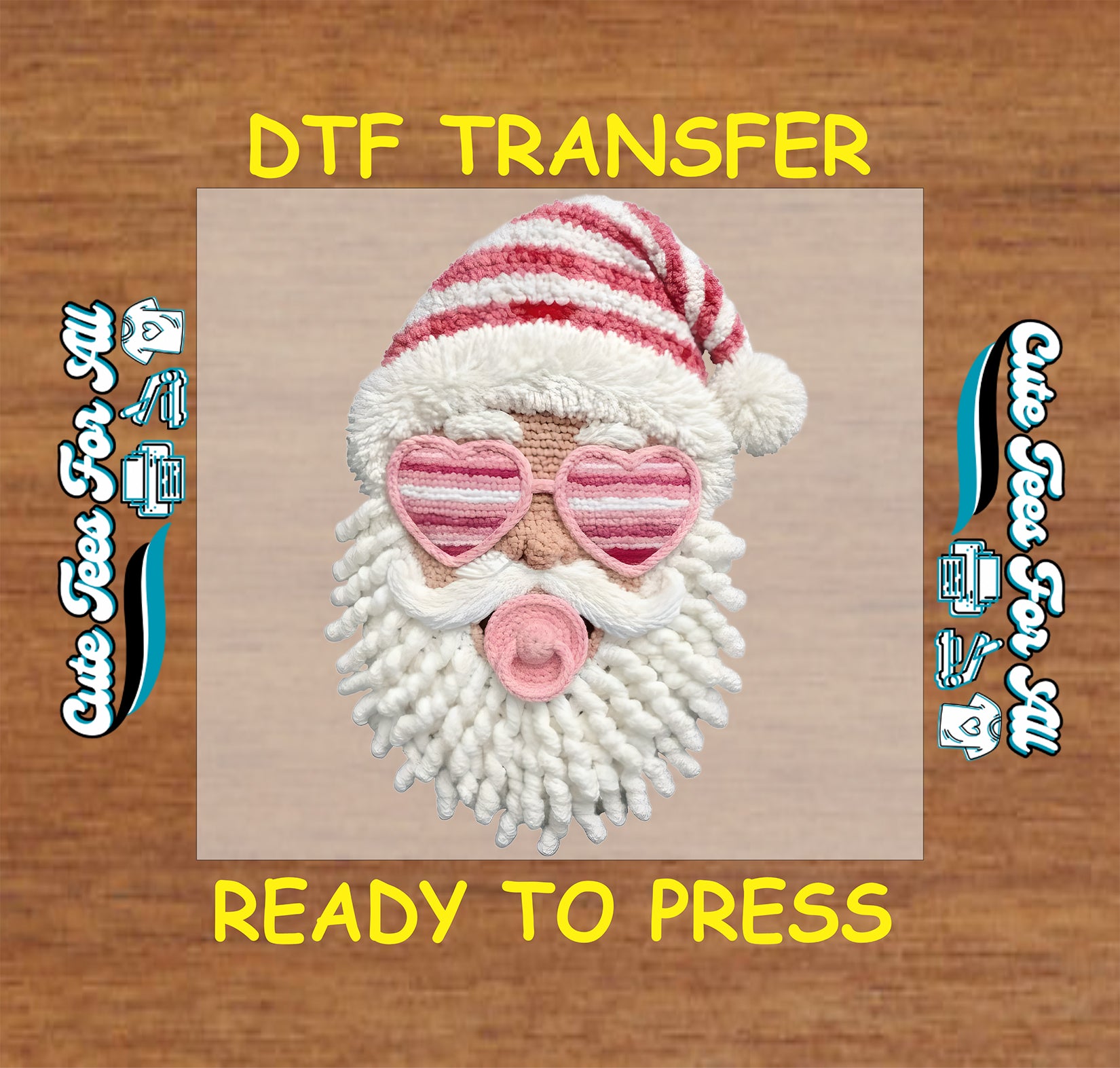 yarn santa with pink heart glasses ready to press dtf transfer for diy christmas shirts