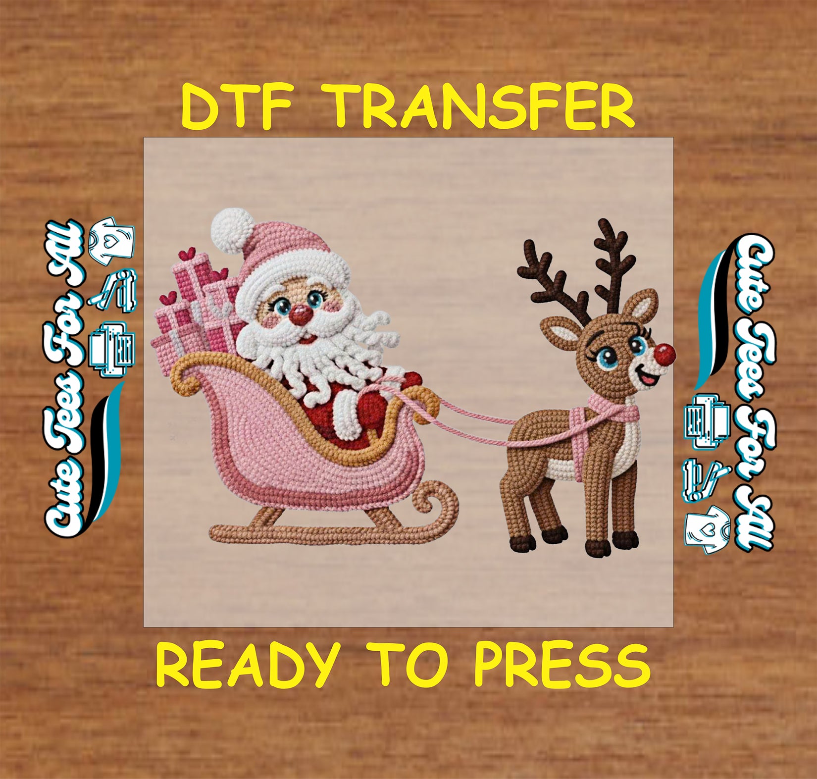 christmas santa sleigh and reindeer yarn style ready to press dtf transfer iron on heat transfer