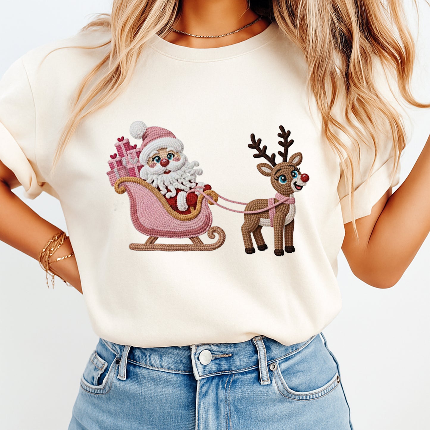 Christmas Santa Sleigh Reindeer Yarn Style DTF Transfer – Ready to Press Iron On Heat Transfer for DIY Christmas Shirts 12256