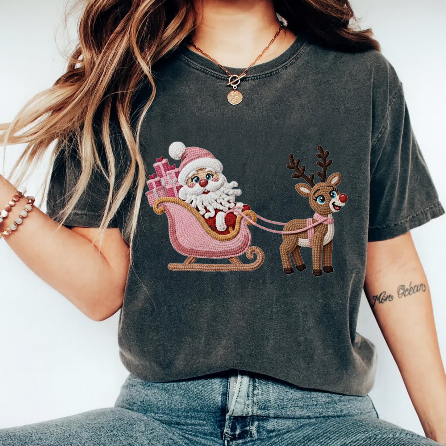 Christmas Santa Sleigh Reindeer Yarn Style DTF Transfer – Ready to Press Iron On Heat Transfer for DIY Christmas Shirts 12256