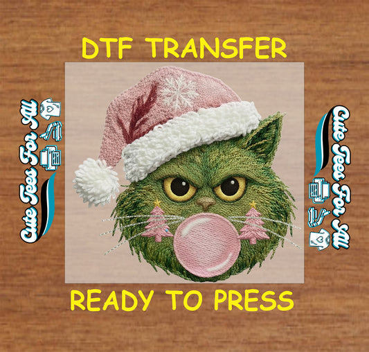 grumpy christmas cat yarn style bubblegum ready to press dtf transfer iron on heat transfer