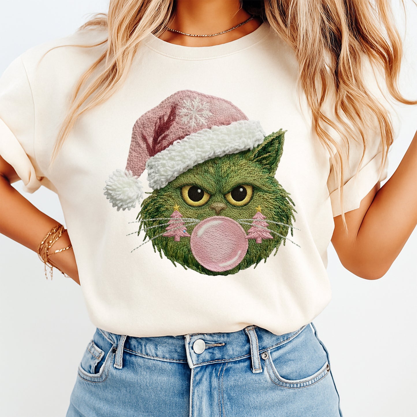 Christmas Grumpy Cat Bubblegum Yarn Style DTF Transfer – Ready to Press Iron On Heat Transfer for DIY Christmas Shirts 12257