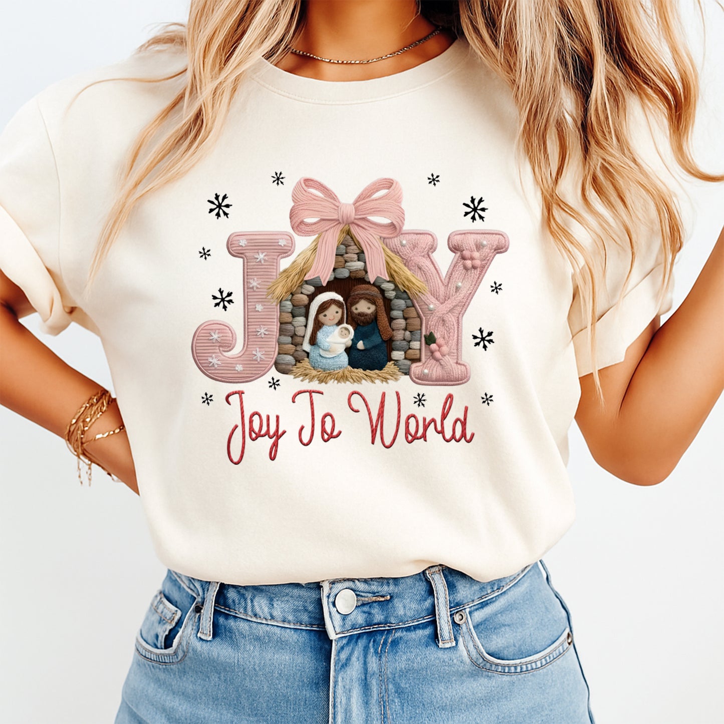 Christmas Joy Nativity Yarn Style DTF Transfer – Ready to Press Iron On Heat Transfer for DIY Christmas Shirts 12259