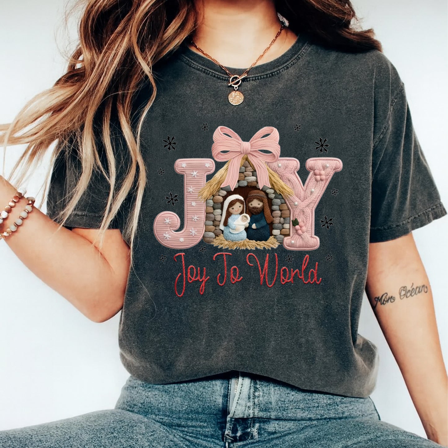 Christmas Joy Nativity Yarn Style DTF Transfer – Ready to Press Iron On Heat Transfer for DIY Christmas Shirts 12259