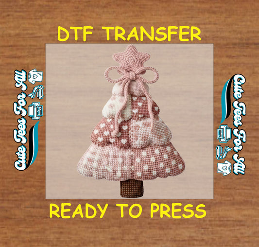 pink yarn christmas tree with bow ready to press dtf transfer iron on heat transfer