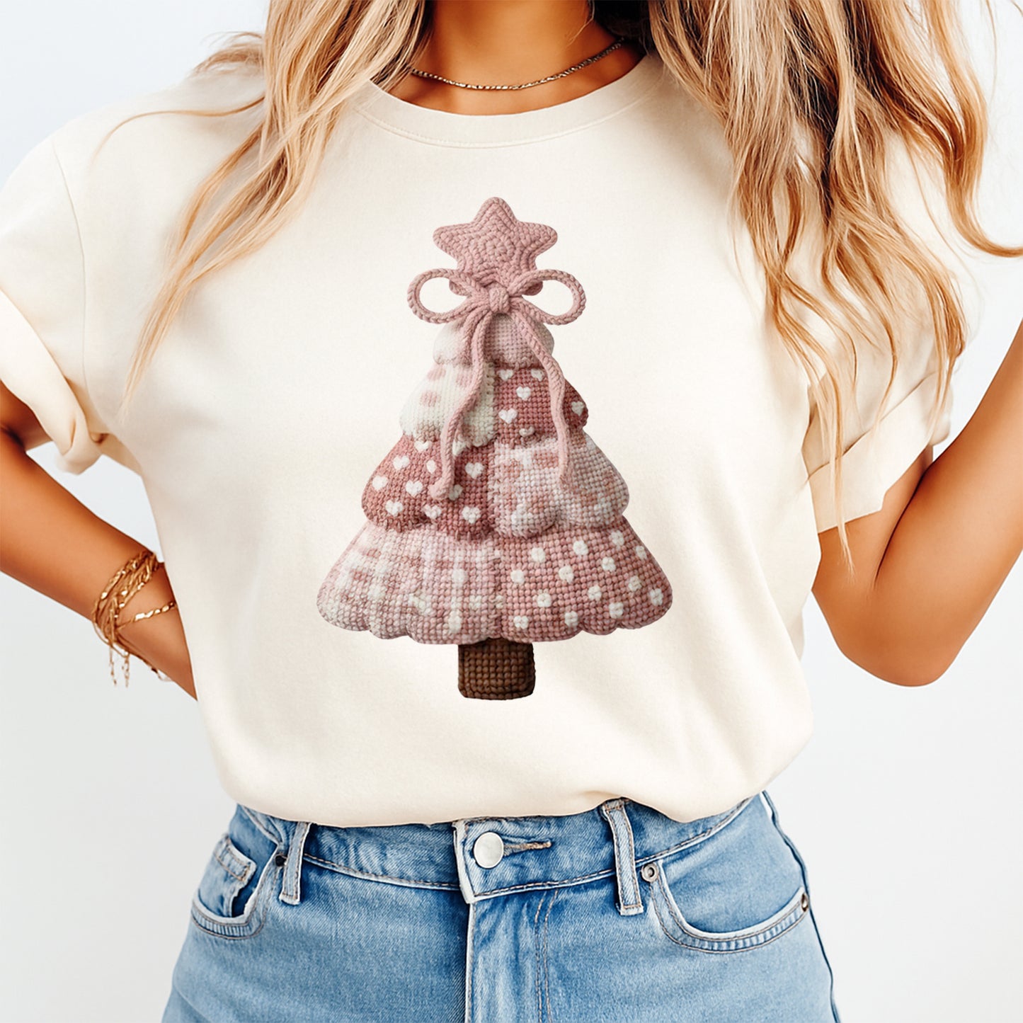 Christmas Pink Yarn Tree Bow Style DTF Transfer – Ready to Press Iron On Heat Transfer for DIY Christmas Shirts 12260
