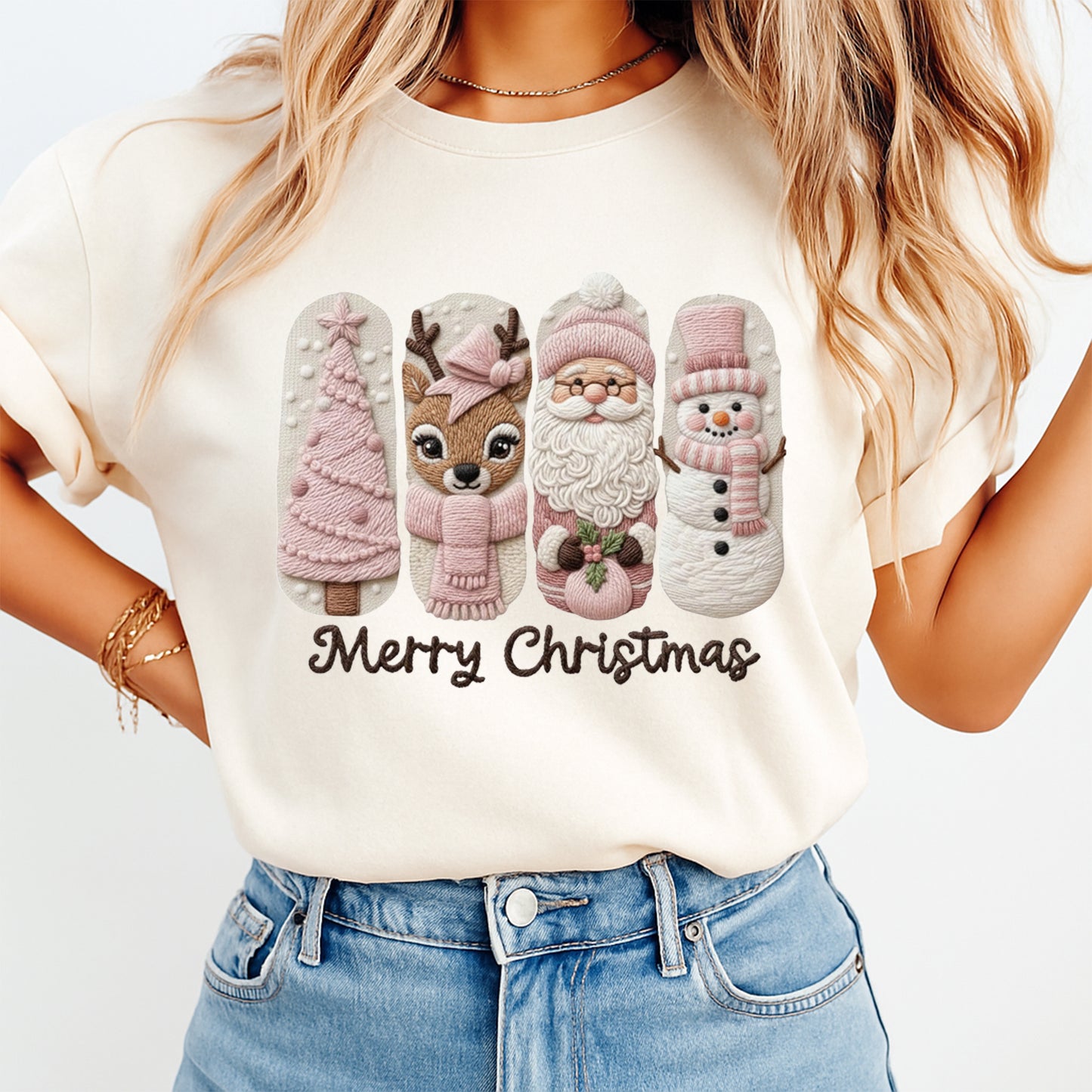 Christmas Merry Christmas Characters Yarn Style DTF Transfer – Ready to Press Iron On Heat Transfer for DIY Christmas Shirts 12261