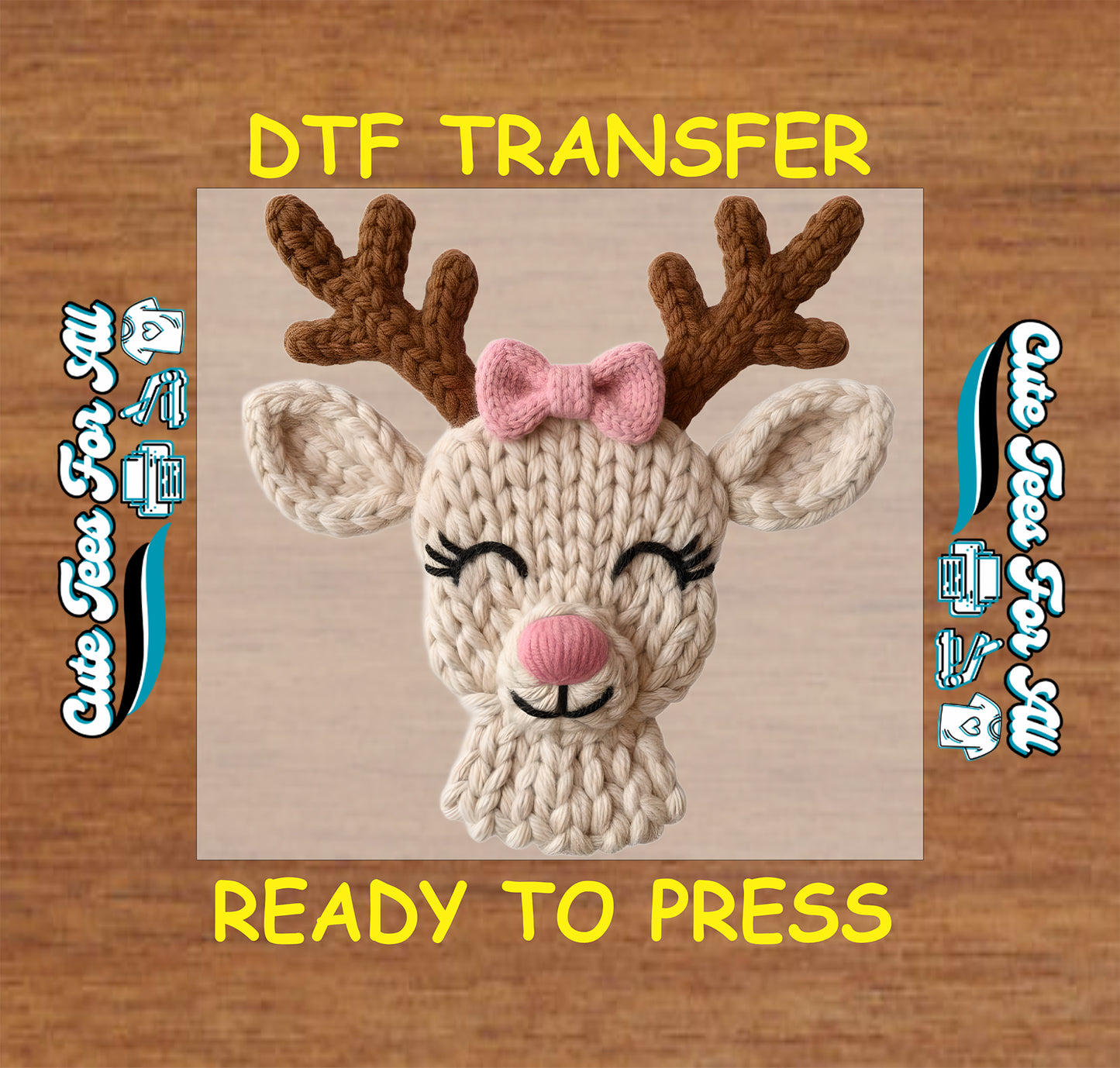 yarn style reindeer with pink bow ready to press dtf transfer iron on heat transfer