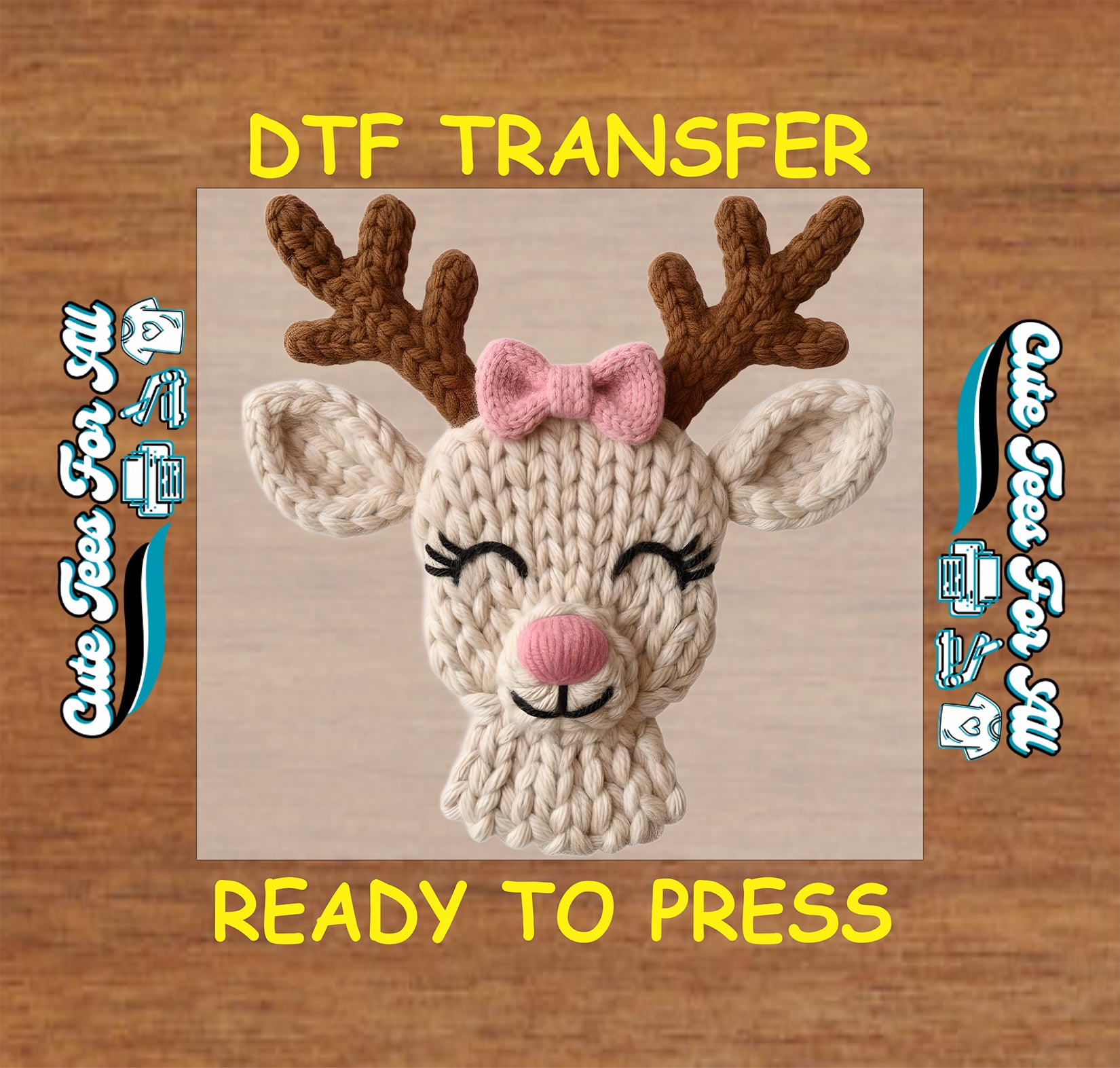 yarn style reindeer with pink bow ready to press dtf transfer iron on heat transfer